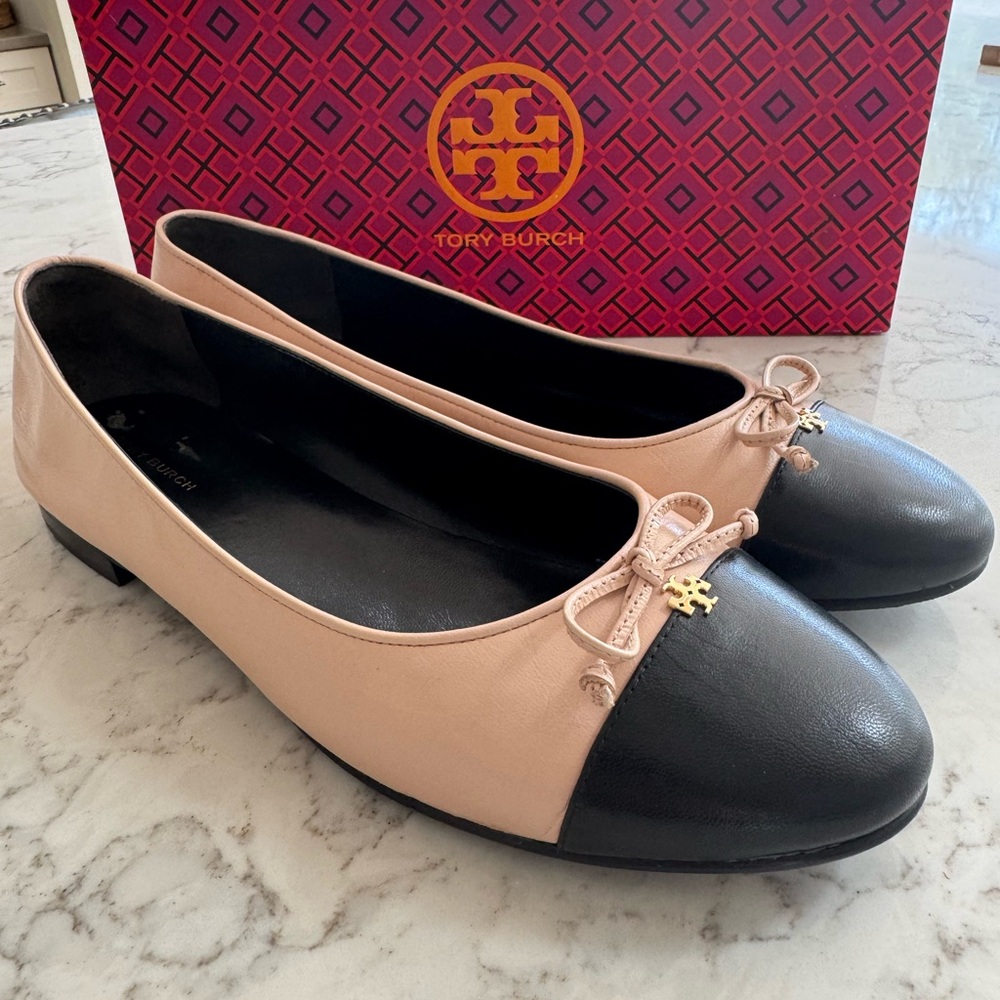 Tory Burch Black and Rose Pink Ballet Flats with Bow Accent